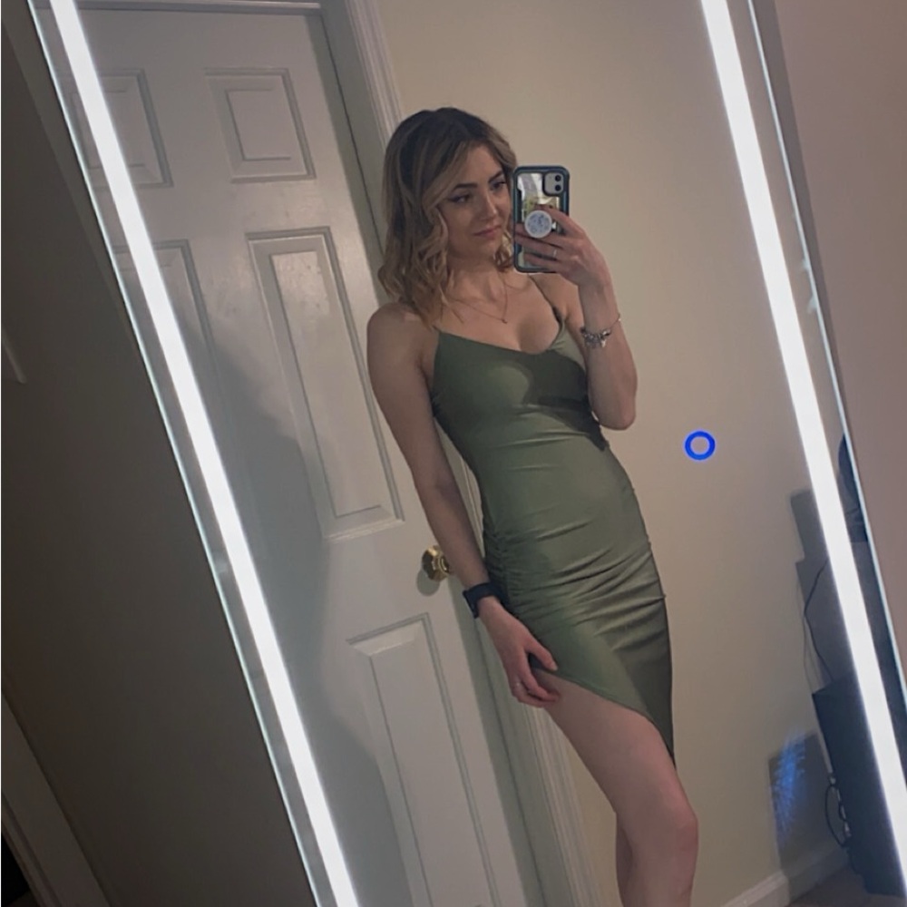 Elegant Olive Green Satin Dress